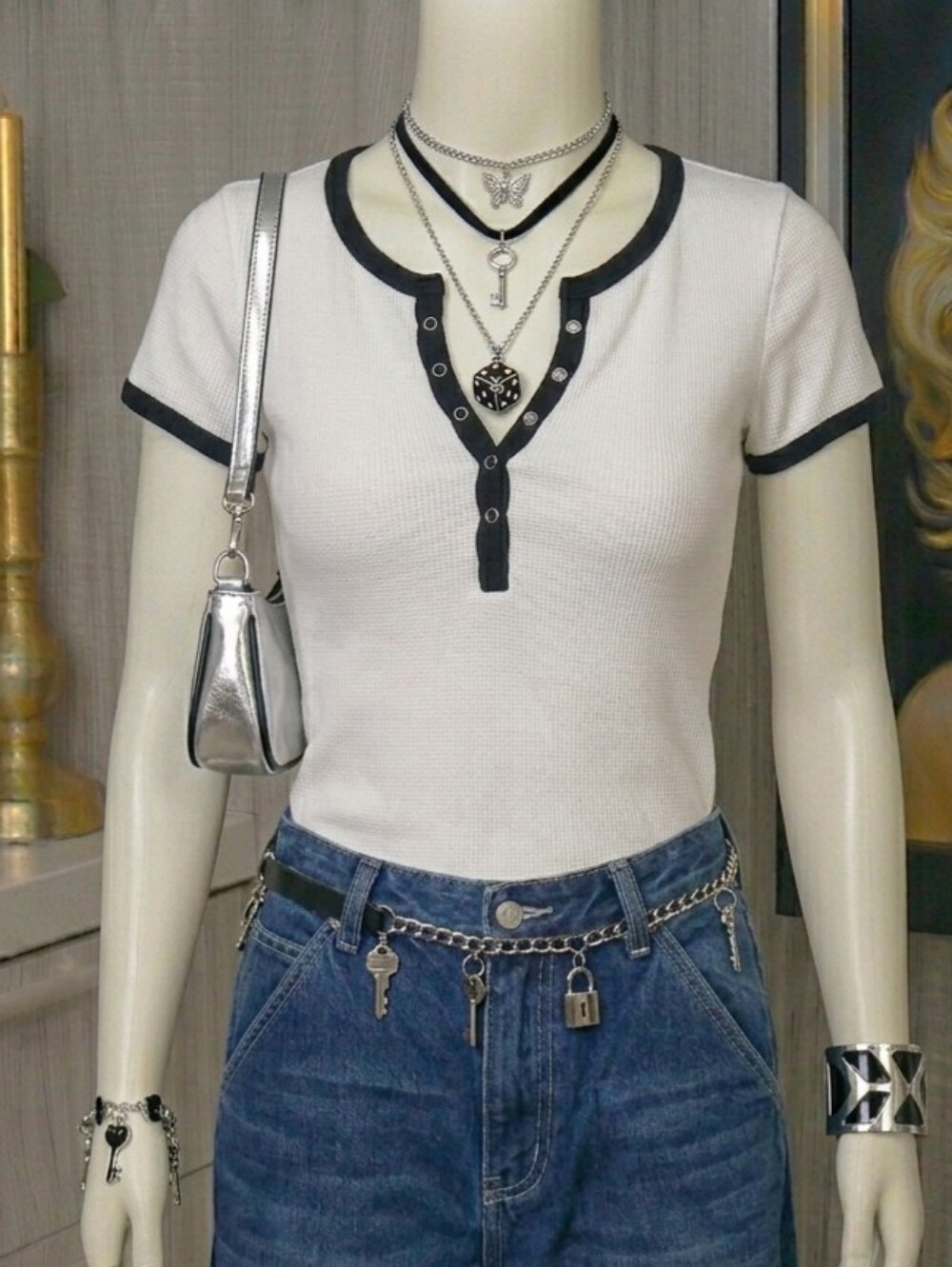 Brandy Melville Contrast Trim Waffle Knit Tee - One Size